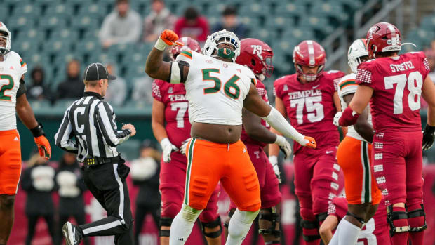 Sep 23, 2023; Philadelphia, Pennsylvania, USA; Miami Hurricanes defensive lineman Leonard Taylor III (56) celebrates his sack in the second half against the Temple Owls at Lincoln Financial Field.