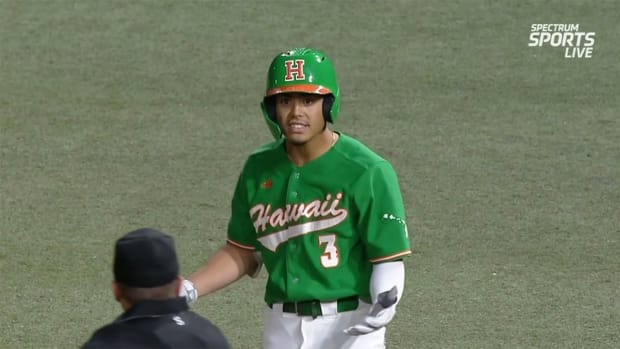 Hawai’i Rainbow Warriors infielder Jordan Donahue gets ejected during the eighth inning vs. Ole Miss.