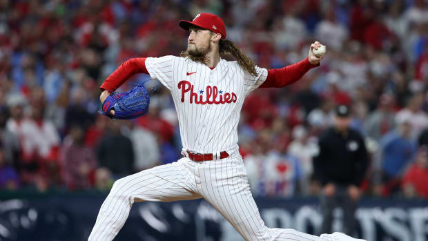 Oct 24, 2023; Philadelphia, Pennsylvania, USA; Philadelphia Phillies relief pitcher Matt Strahm (25) throws pitch against the Arizona Diamondbacks in the ninth inning for game seven of the NLCS for the 2023 MLB playoffs at Citizens Bank Park.