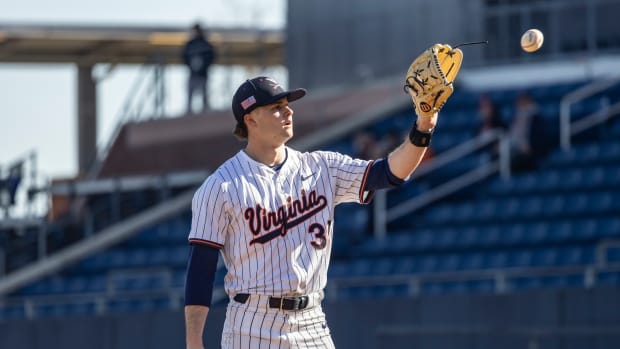 Cullen McKay gets the ball back on the pitcher's mound during the Virginia baseball game against Old Dominion at Disharoon Park.