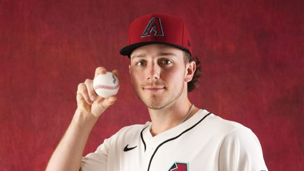 Diamondbacks right-handed pitcher Brandon Pfaadt (32) poses for a picture for Photo Day at Salt River Fields.