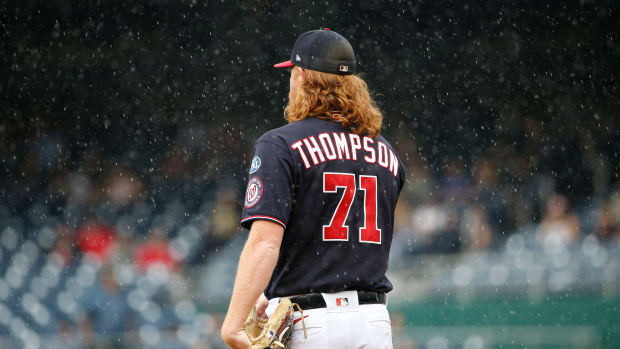Sep 10, 2023; Washington, District of Columbia, USA; Washington Nationals relief pitcher Mason Thompson (71) looks on from the mound during the fifth inning against the Los Angeles Dodgers at Nationals Park.