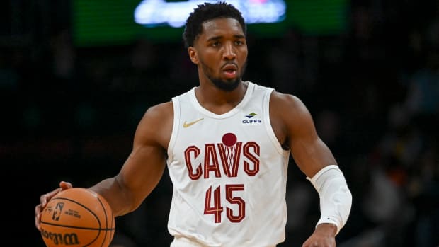 Cleveland Cavaliers guard Donovan Mitchell (45) dribbles up the court during the first half against the Washington Wizards at Capital One Arena in Washington, D.C., on Feb. 25, 2024.