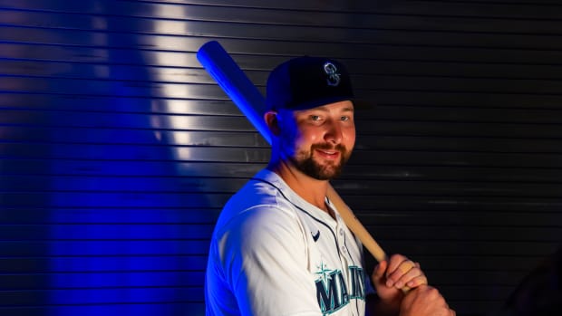 Feb 23, 2024; Peoria, AZ, USA; Seattle Mariners catcher Cal Raleigh poses for a portrait during photo day at Peoria Sports Complex.