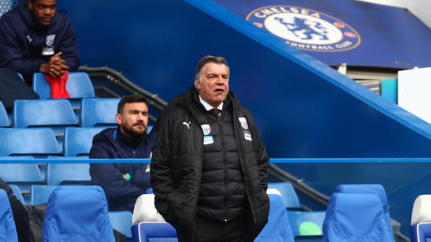Sam Allardyce pictured at Chelsea's Stamford Bridge stadium in April 2021 while he was manager of West Bromwich Albion
