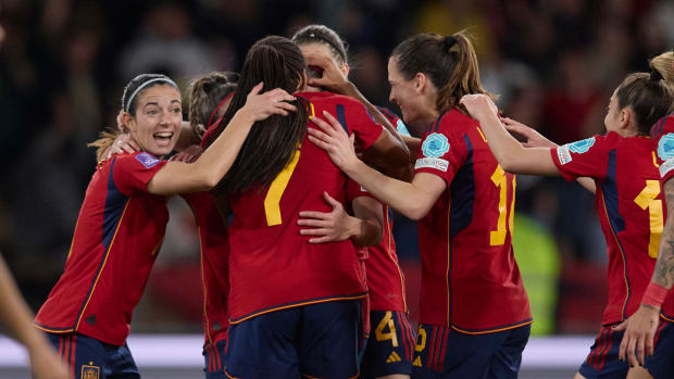 Spain's players pictured celebrating a goal during their 2-0 win over France in the inaugural UEFA Women's Nations League final in February 2024