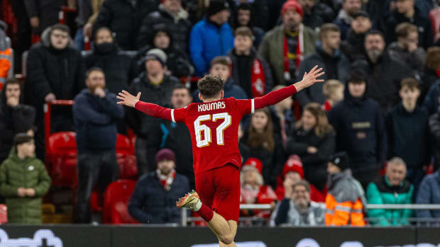 Lewis Koumas pictured celebrating after scoring on his Liverpool debut in an FA Cup game against Southampton in February 2024