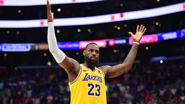 Los Angeles Lakers forward LeBron James celebrates the victory against the Los Angeles Clippers at Crypto.com Arena.
