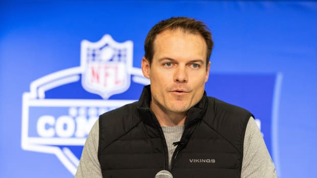 Feb 27, 2024; Indianapolis, IN, USA; Minnesota Vikings head coach Kevin O'Connell talks to the media at the 2024 NFL Combine at Indiana Convention Center.