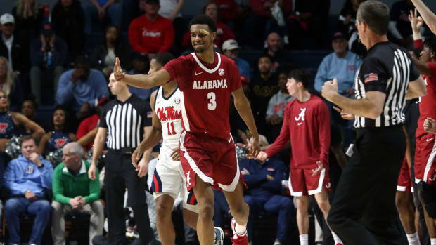Feb 28, 2024; Oxford, Mississippi, USA; Alabama Crimson Tide guard Rylan Griffen (3) reacts during the second half against the Mississippi Rebels at The Sandy and John Black Pavilion at Ole Miss. Mandatory Credit: Petre Thomas-USA TODAY Sports  