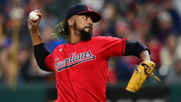 Sep 16, 2023; Cleveland, Ohio, USA; Cleveland Guardians relief pitcher Emmanuel Clase (48) throws a pitch during the ninth inning against the Texas Rangers at Progressive Field.