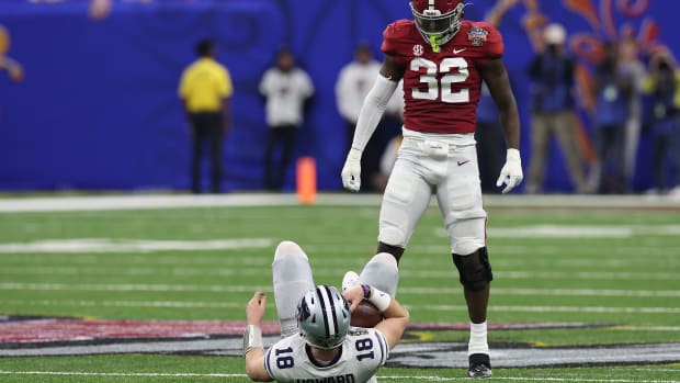 Alabama Crimson Tide defensive back Terrion Arnold (3) reacts after bringing down Kansas State Wildcats quarterback Will Howard (18) during the first half in the 2022 Sugar Bowl at Caesars Superdome.