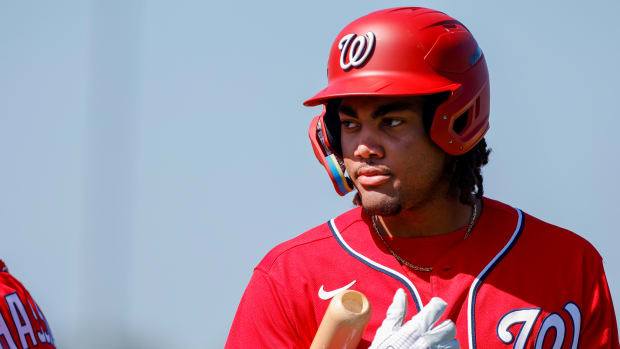 Feb 20, 2023; West Palm Beach, FL, USA; Washington Nationals outfielder James Wood (20) looks on during a spring training workout at The Ballpark of the Palm Beaches.
