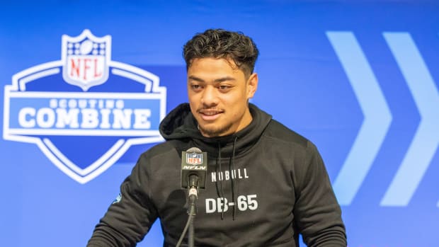 Feb 29, 2024; Indianapolis, IN, USA; Utah defensive back Sione Vaki (DB65) talks to the media during the 2024 NFL Combine at Lucas Oil Stadium. Mandatory Credit: Trevor Ruszkowski-USA TODAY Sports