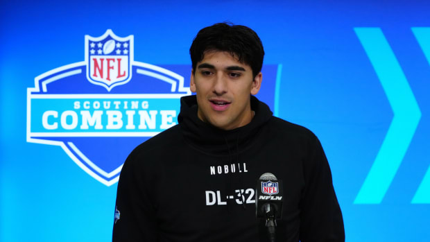 Feb 28, 2024; Indianapolis, IN, USA; Utah defensive lineman Jonah Elliss (DL32) speaks at a press conference at the NFL Scouting Combine at Indiana Convention Center. Mandatory Credit: Kirby Lee-USA TODAY Sports 