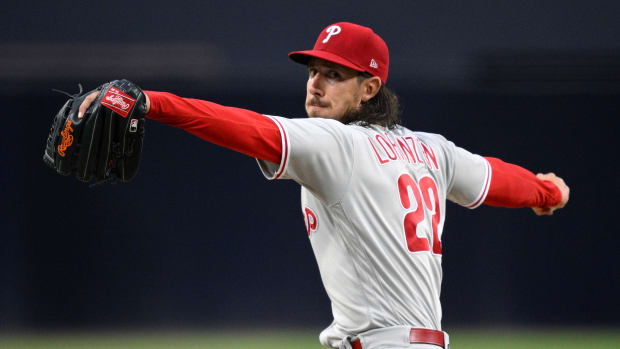 Sep 5, 2023; San Diego, California, USA; Philadelphia Phillies starting pitcher Michael Lorenzen (22) throws a pitch against the San Diego Padres during the first inning at Petco Park. Mandatory Credit: Orlando Ramirez-USA TODAY Sports
