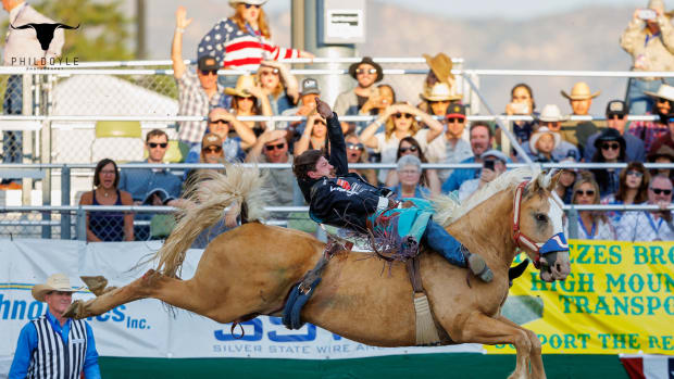 PRCA Bareback Rider Wyatt Denny competes at his hometown rodeo in Reno, NV, in June of 2023.