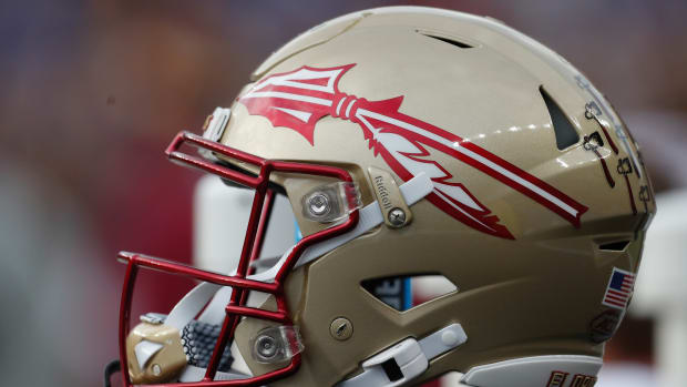 Nov 4, 2023; Pittsburgh, Pennsylvania, USA; A Florida State Seminoles helmet on the sidelines against the Pittsburgh Panthers during the second quarter at Acrisure Stadium.