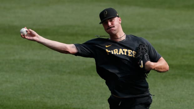 Jul 18, 2023; Pittsburgh, Pennsylvania, USA; Pittsburgh Pirates pitcher Paul Skenes, the Pirates first pick and overall number one pick in the 2023 MLB Draft, throws in the outfield before the game against the Cleveland Guardians at PNC Park.