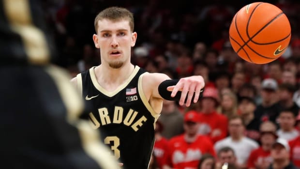 Purdue Boilermakers guard Braden Smith (3) passes the ball during the NCAA men s basketball game against the Ohio State Buckeyes, Sunday, Feb. 18, 2024, at Value City Arena in Columbus, Ohio.  