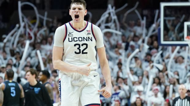 UConn Huskies center Donovan Clingan (32) reacts after timeout is called as they take on the Villanova Wildcats in the second half at Harry A. Gampel Pavilion in Storrs, Connecticut, on Feb. 24, 2024.