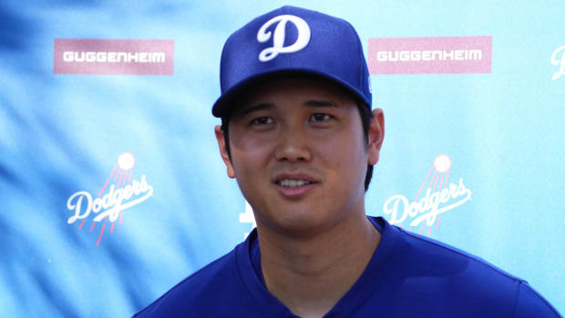 Dodgers pitcher and designated hitter Shohei Ohtani at a press conference announcing his marriage.