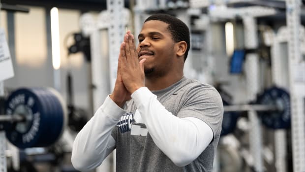 Penn State's Abdul Carter prepares for a workout at the Lasch Football Building.