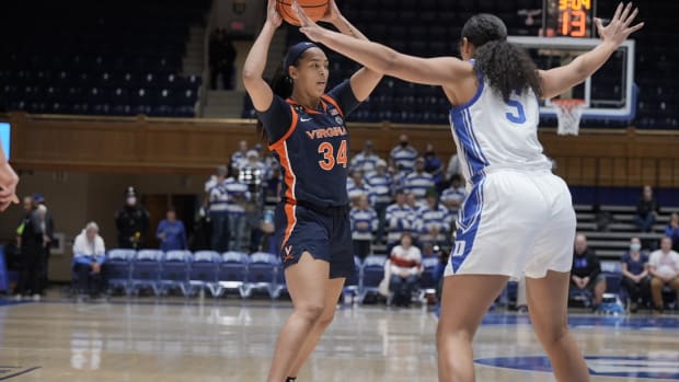London Clarkson looks to pass the ball during the Virginia women's basketball game against Duke at Cameron Indoor Stadium.