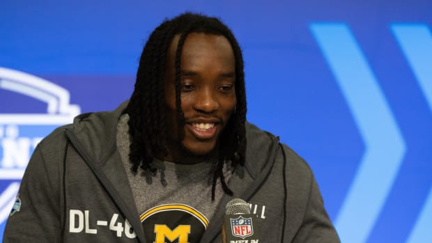 Feb 28, 2024; Indianapolis, IN, USA; Missouri defensive lineman Darius Robinson (DL46) talks to the media at the 2024 NFL Combine at Indiana Convention Center. Mandatory Credit: Trevor Ruszkowski-USA TODAY Sports  