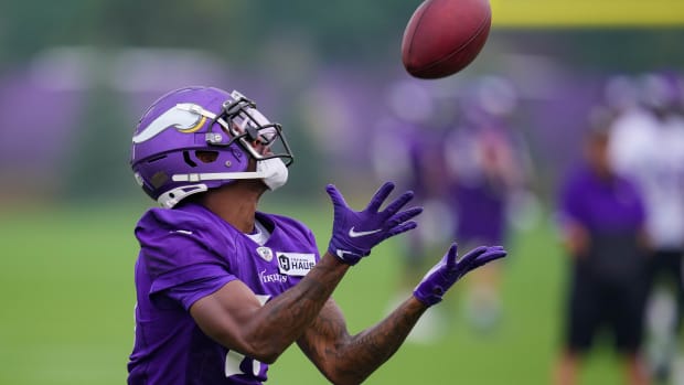 Jul 30, 2021; Eagan, MN, United States; Minnesota Vikings wide receiver Whop Philyor (16) catches a pass at training camp at TCO Performance Center. Mandatory Credit: Brad Rempel-USA TODAY Sports  