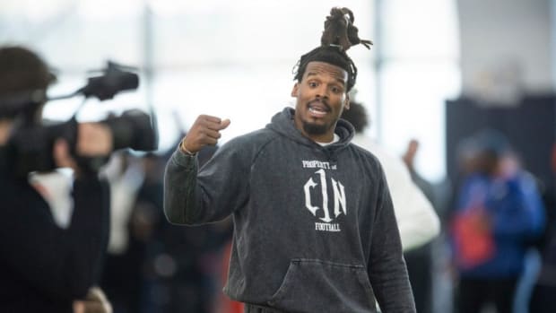 Former Auburn quarterback and NFL MVP Cam Newton during Auburn Tigers Pro Day at Woltosz Football Performance Center in Auburn, Ala., on Tuesday, March 21, 2023.