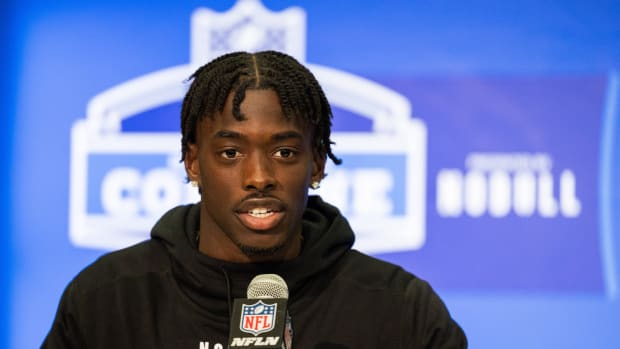 Feb 29, 2024; Indianapolis, IN, USA; Alabama defensive back Terrion Arnold (DB02) talks to the media during the 2024 NFL Combine at Lucas Oil Stadium. Mandatory Credit: Trevor Ruszkowski-USA TODAY Sports