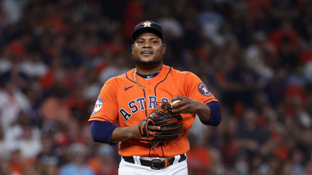 Oct 22, 2023; Houston, Texas, USA; Houston Astros starting pitcher Framber Valdez (59) reacts on the mound against the Texas Rangers in the first inning during game six of the ALCS for the 2023 MLB playoffs at Minute Maid Park. Mandatory Credit: Troy Taormina-USA TODAY Sports