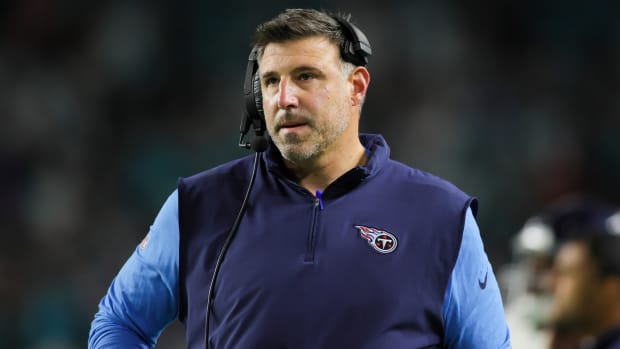 Dec 11, 2023; Miami Gardens, Florida, USA; Tennessee Titans head coach Mike Vrabel looks on against the Miami Dolphins during the fourth quarter at Hard Rock Stadium. Mandatory Credit: Sam Navarro-USA TODAY Sports