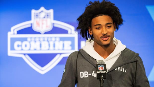 Clemson cornerback Nate Wiggins speaks with the media at the 2024 NFL combine.