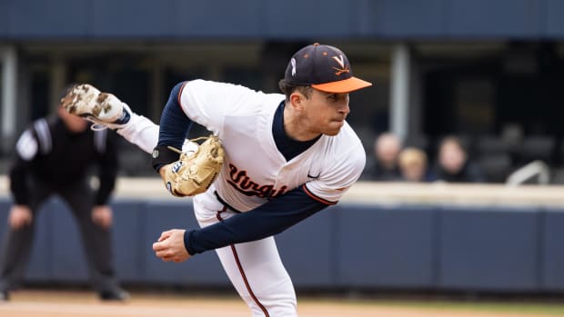 Evan Blanco delivers a pitch during the Virginia baseball game against UMass at Disharoon Park.