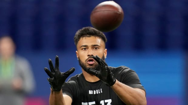 Minnesota tight end Brevyn Spann-Ford (TE13) works out during the 2024 NFL Combine at Lucas Oil Stadium.