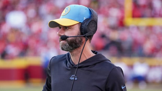 Oct 22, 2023; Kansas City, Missouri, USA; Los Angeles Chargers head coach Brandon Staley watches play agains the Kansas City Chiefs during the first half at GEHA Field at Arrowhead Stadium.