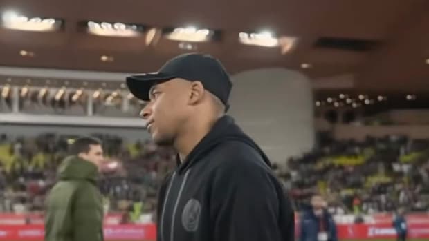Kylian Mbappe pictured on the pitch following Paris Saint-Germain's 0-0 draw at AS Monaco in March 2024
