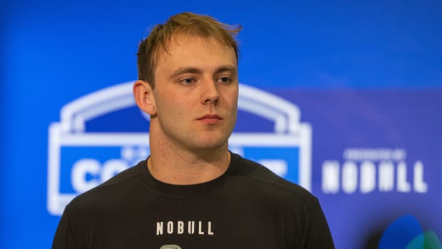 Feb 29, 2024; Indianapolis, IN, USA; Georgia tight end Brock Bowers (TE04) talks to the media during the 2024 NFL Combine at Lucas Oil Stadium. Mandatory Credit: Trevor Ruszkowski-USA TODAY Sports