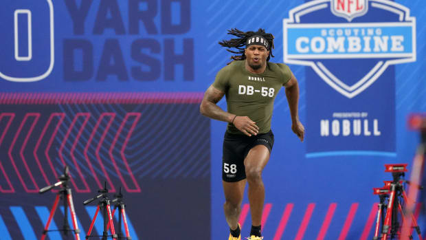 Texas Tech defensive back Tyler Owens (DB58) works out during the 2024 NFL Combine at Lucas Oil Stadium.