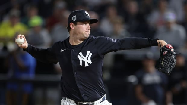 Mar 1, 2024; Tampa, Florida, USA; New York Yankees starting pitcher Gerrit Cole (45) throws a pitch against the Toronto Blue Jays in the first inning at George M. Steinbrenner Field. 
