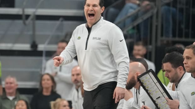 Jan 2, 2024; Waco, Texas, USA; Baylor Bears head coach Scott Drew reacts to a play against the Cornell Big Red during the first half at Paul and Alejandra Foster Pavilion. Mandatory Credit: Chris Jones-USA TODAY Sports  