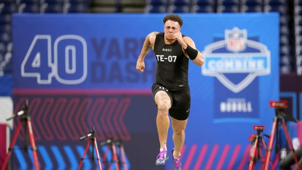 Penn State tight end Theo Johnson runs the 40-yard dash at the 2024 NFL Scouting Combine at Lucas Oil Stadium in Indianapolis.