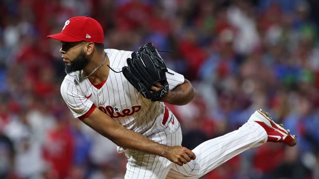 Oct 16, 2023; Philadelphia, Pennsylvania, USA; Philadelphia Phillies relief pitcher Seranthony Dominguez (58) pitches during the seventh inning against the Arizona Diamondbacks in game one of the NLCS for the 2023 MLB playoffs at Citizens Bank Park. Mandatory Credit: Bill Streicher-USA TODAY Sports