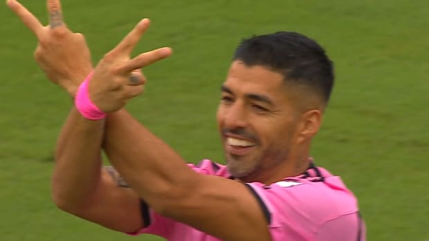 Luis Suarez pictured celebrating after scoring the first goal of his Major League Soccer career during Inter Miami's 5-0 win over Orlando City in March 2024
