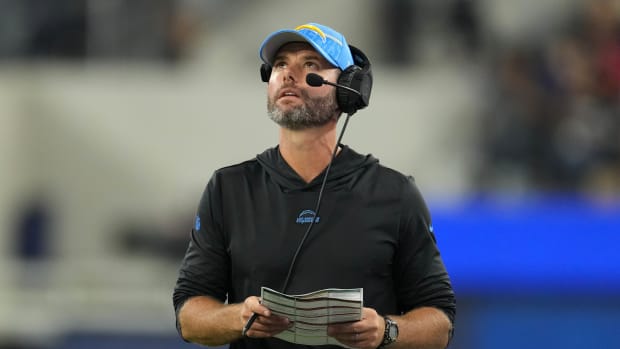 Aug 12, 2023; Inglewood, California, USA; Los Angeles Chargers coach Brandon Staley watches from the sidelines in the second half against the Los Angeles Rams at SoFi Stadium. Mandatory Credit: Kirby Lee-USA TODAY Sports