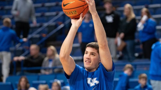 Kentucky Wildcats guard Reed Sheppard (15) warms up ahead of their game against the Arkansas Razorbacks on Saturday, March 2, 2024 at Rupp Arena.