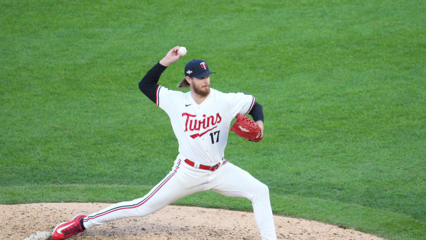 Minnesota Twins relief pitcher Bailey Ober (17) pitches in the eighth inning against the Houston Astros during game three of the ALDS for the 2023 MLB playoffs at Target Field in Minneapolis on Oct. 10, 2023.