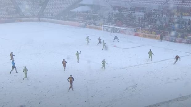 An action shot taken during Real Salt Lake's 3-0 win over LAFC in Major League Soccer on a snow-covered pitch in March 2024